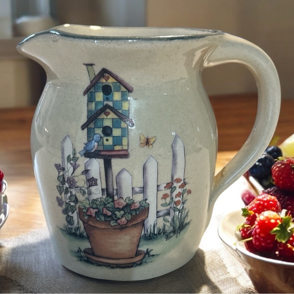Vintage Marshall Pottery Texas Signed Cream Stoneware Pitcher Bluebird House
